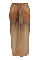 Wrap Midi Skirt in sheer red rock ombré eco-chiffon, featuring a self-tie waist, pleated back detail, and a flowing translucent silhouette.