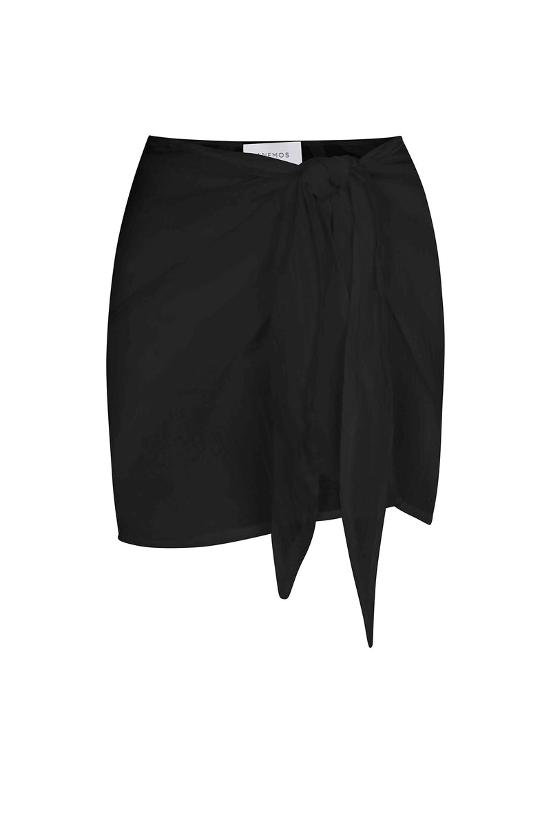 Wrap Mini Skirt Cover Up Black in Woven Bamboo Cotton Gauze on a white background