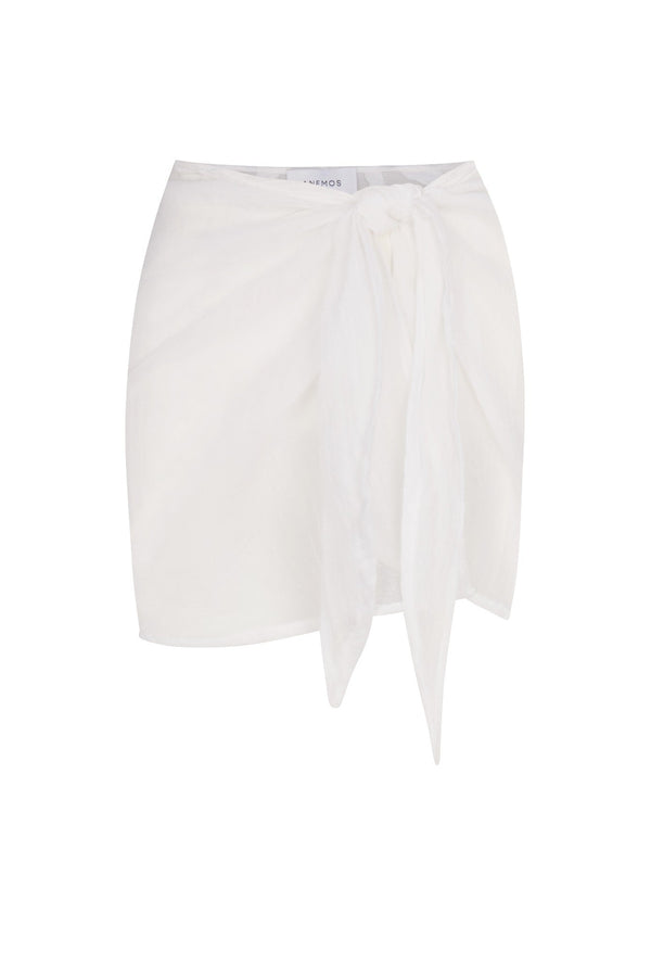Wrap Mini Skirt Cover Up White in Woven Bamboo Cotton Gauze on a white background