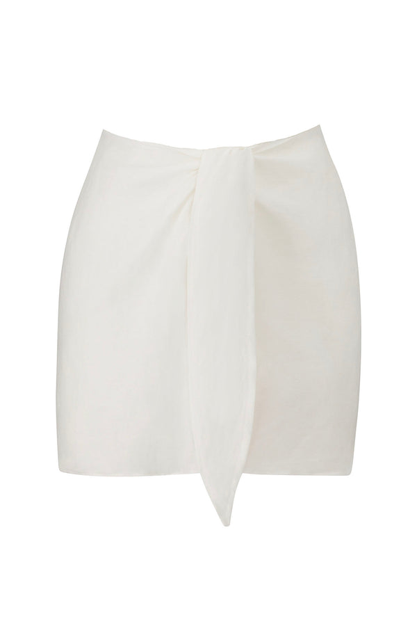Wrap Mini Skirt Cover Up in Linen Cupro Blend White on White Background