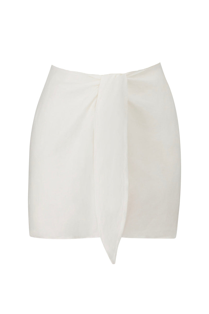 Wrap Mini Skirt Cover Up in Linen Cupro Blend White on White Background