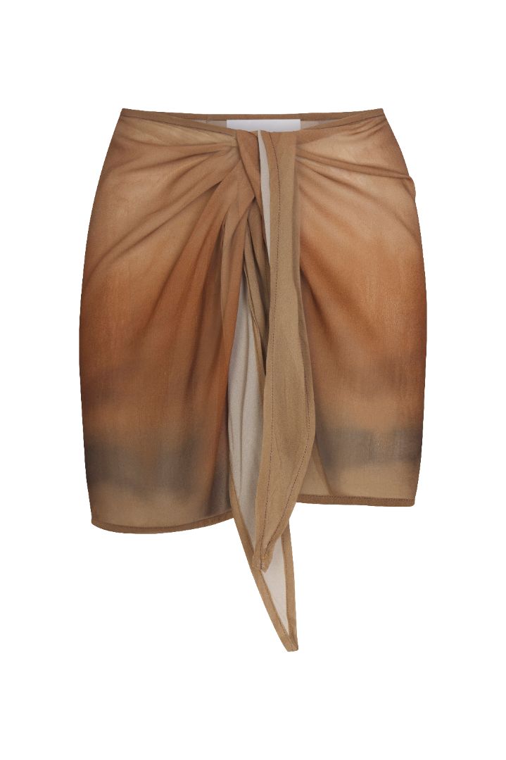 Wrap Mini Skirt in sheer red rock ombré chiffon, featuring a self-tie waist, lightweight flowy silhouette, and ethereal translucent finish.
