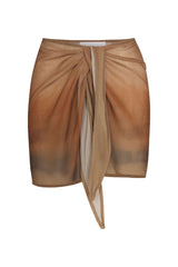 Wrap Mini Skirt in sheer red rock ombré chiffon, featuring a self-tie waist, lightweight flowy silhouette, and ethereal translucent finish.
