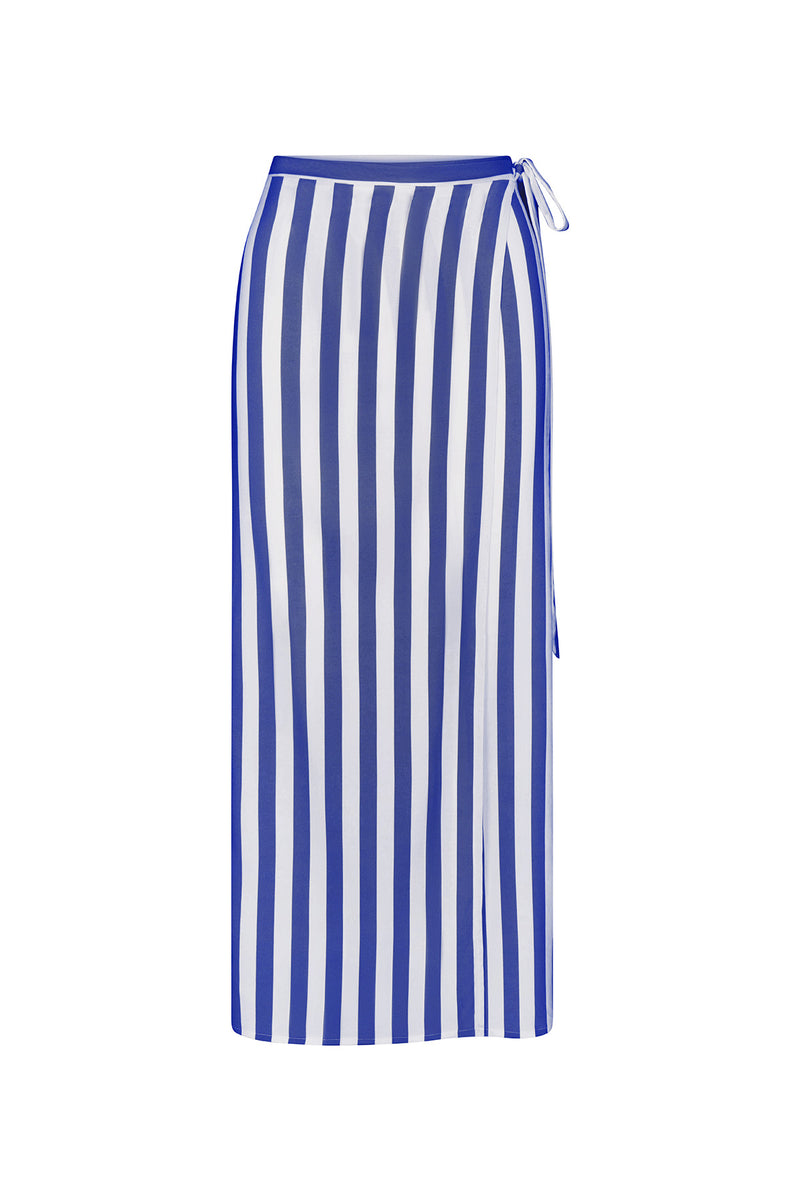 Wrap Tie Maxi Skirt Azure Stripe in Striped Stretch Twill on white background
