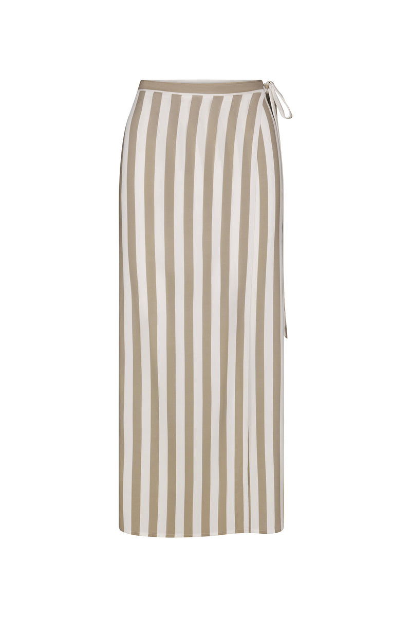 Wrap Tie Maxi Skirt Natural Stripe in Striped Stretch Twill on white background