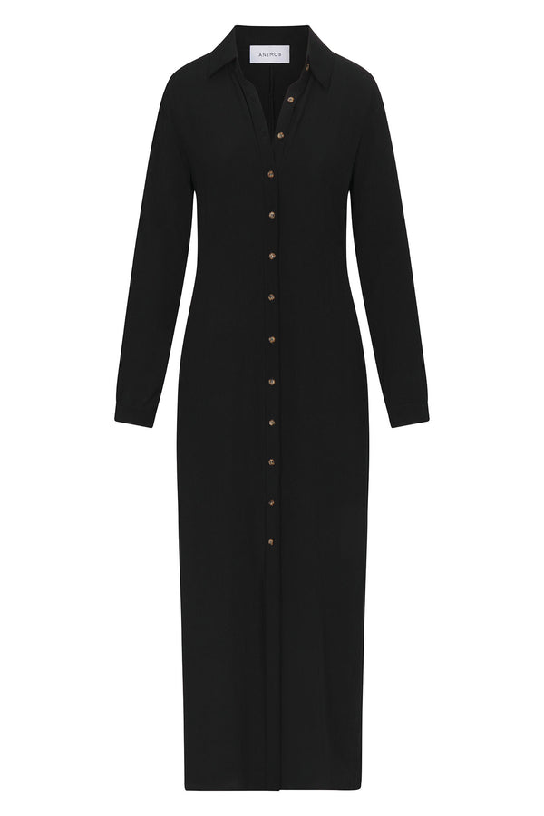 Collared Button-Down Maxi Shirt Dress in Textured Cupro Blend