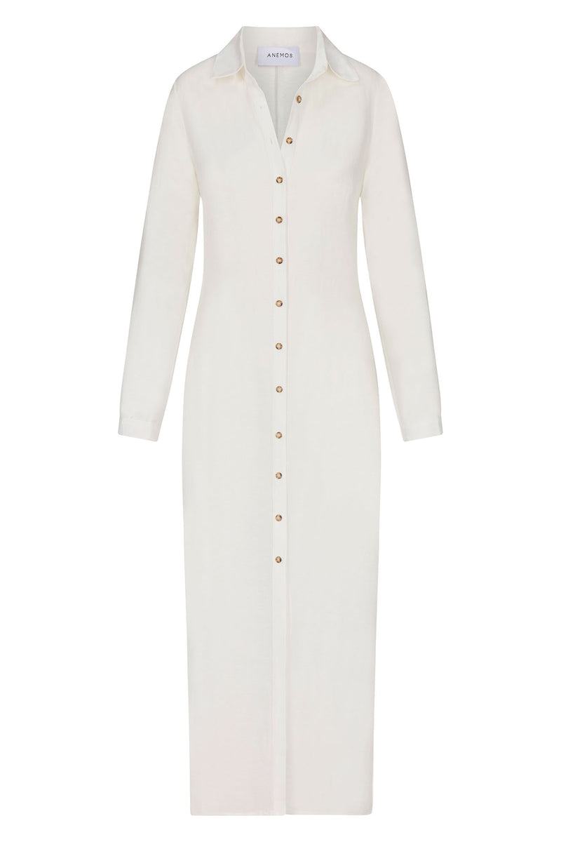 Collared Button-Down Maxi Shirt Dress in Linen Cupro