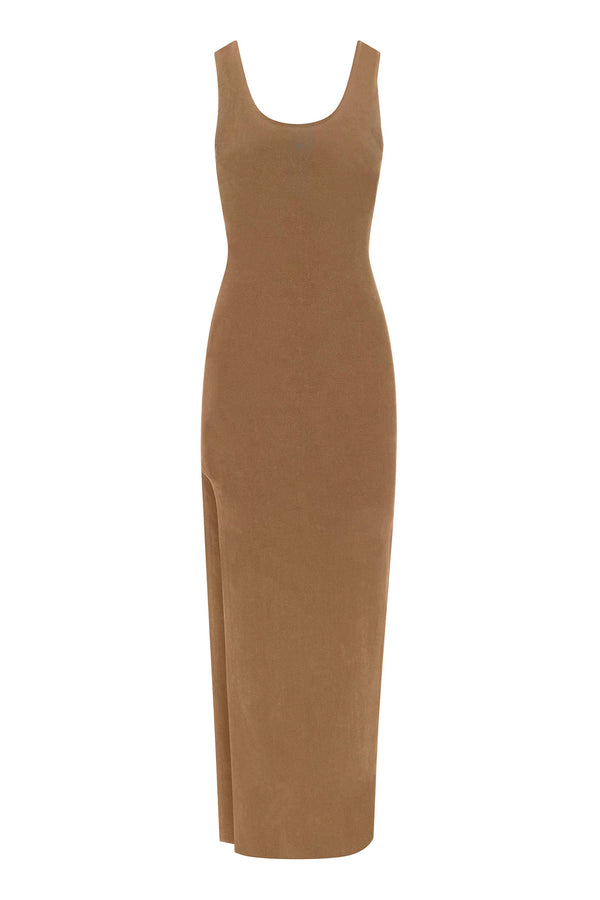 Open Back Maxi Tank Dress with Side Slit in Stretch Cupro