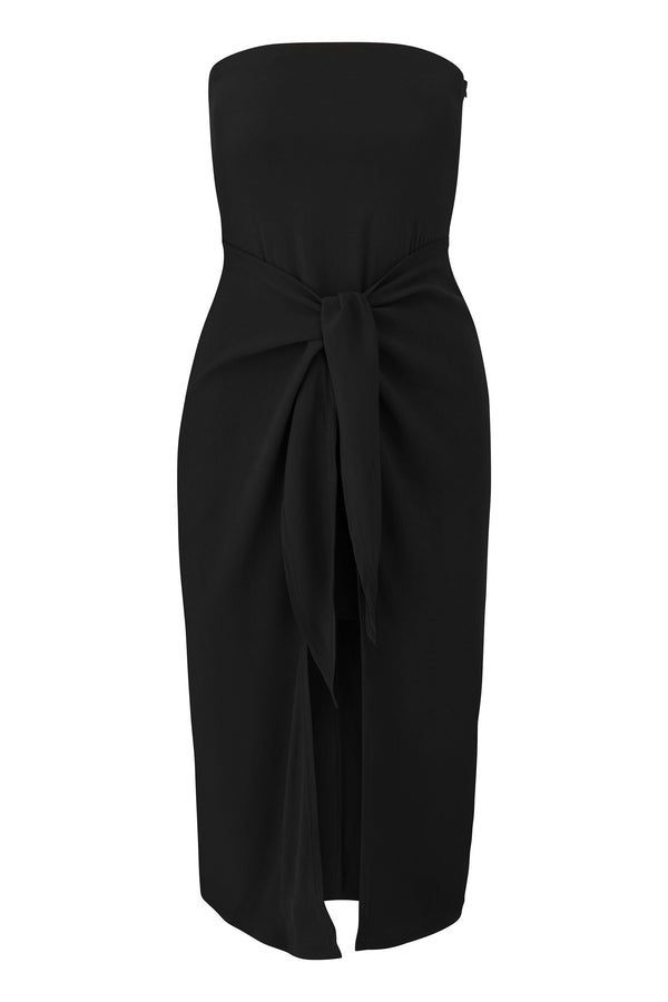 The Strapless D.K. Midi Wrap Dress in Stretch Cupro