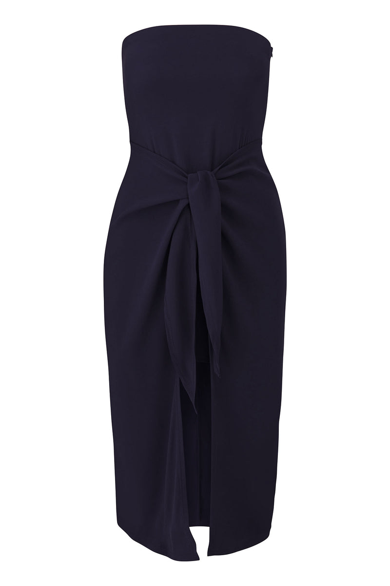 The Strapless D.K. Midi Wrap Dress in Stretch Cupro