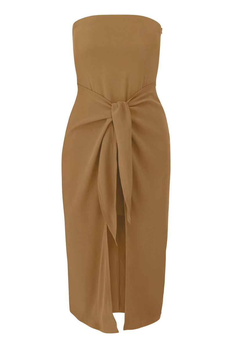The Strapless D.K. Midi Wrap Dress in Stretch Cupro