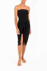 The Strapless D.K. Midi Wrap Dress in Stretch Cupro