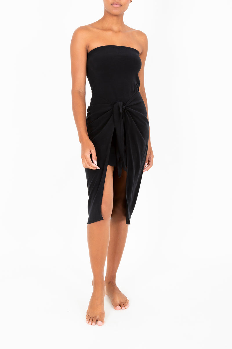 The Strapless D.K. Midi Wrap Dress in Stretch Cupro