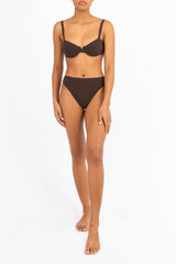 Ecomm Model wearing the Brigitte Underwire Bikini Top, featuring substantial straps and a flattering full-cup silhouette perfect for any getaway.