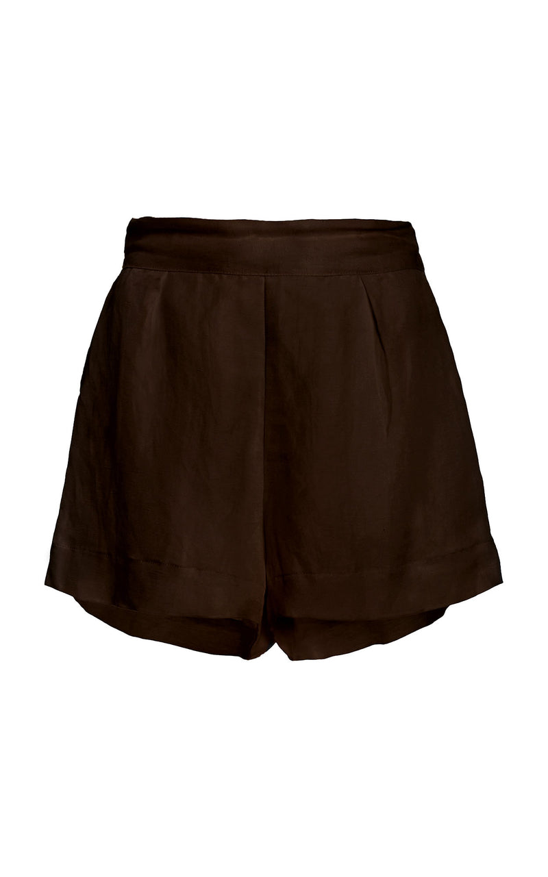 High-Waist Short Short in Linen Cupro Espresso on White Background