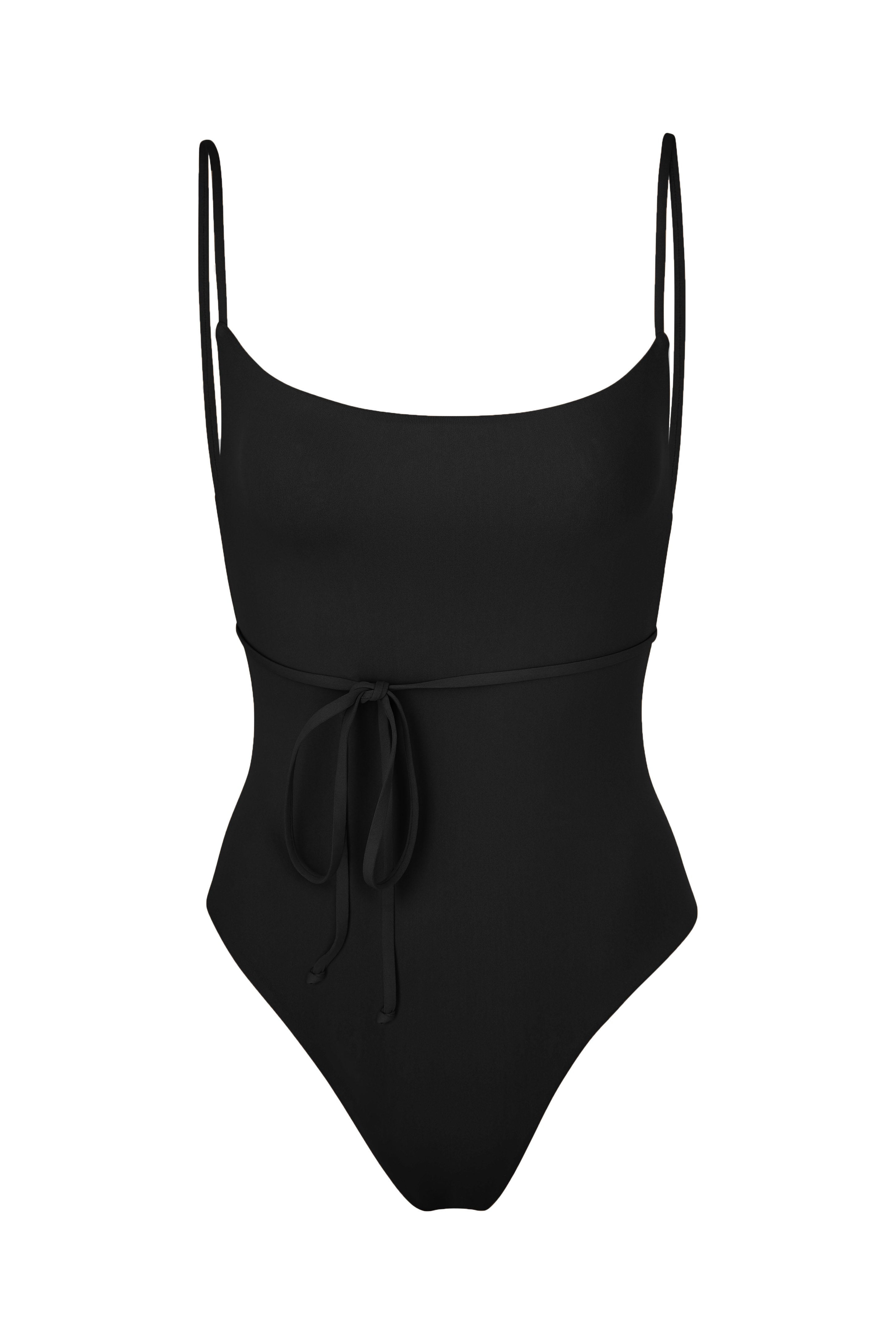 K.M. Tie One-Piece Black on White Background