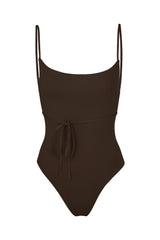K.M. Tie One-Piece Espresso on White Background
