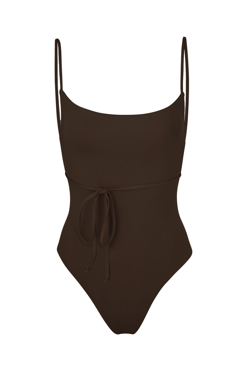 K.M. Tie One-Piece Espresso on White Background