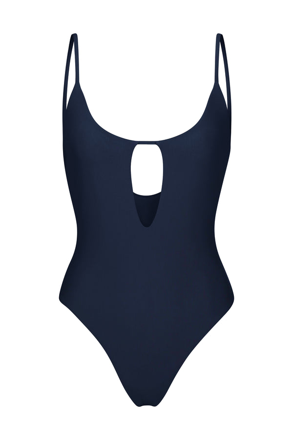 Keyhole One-Piece Navy on White Background
