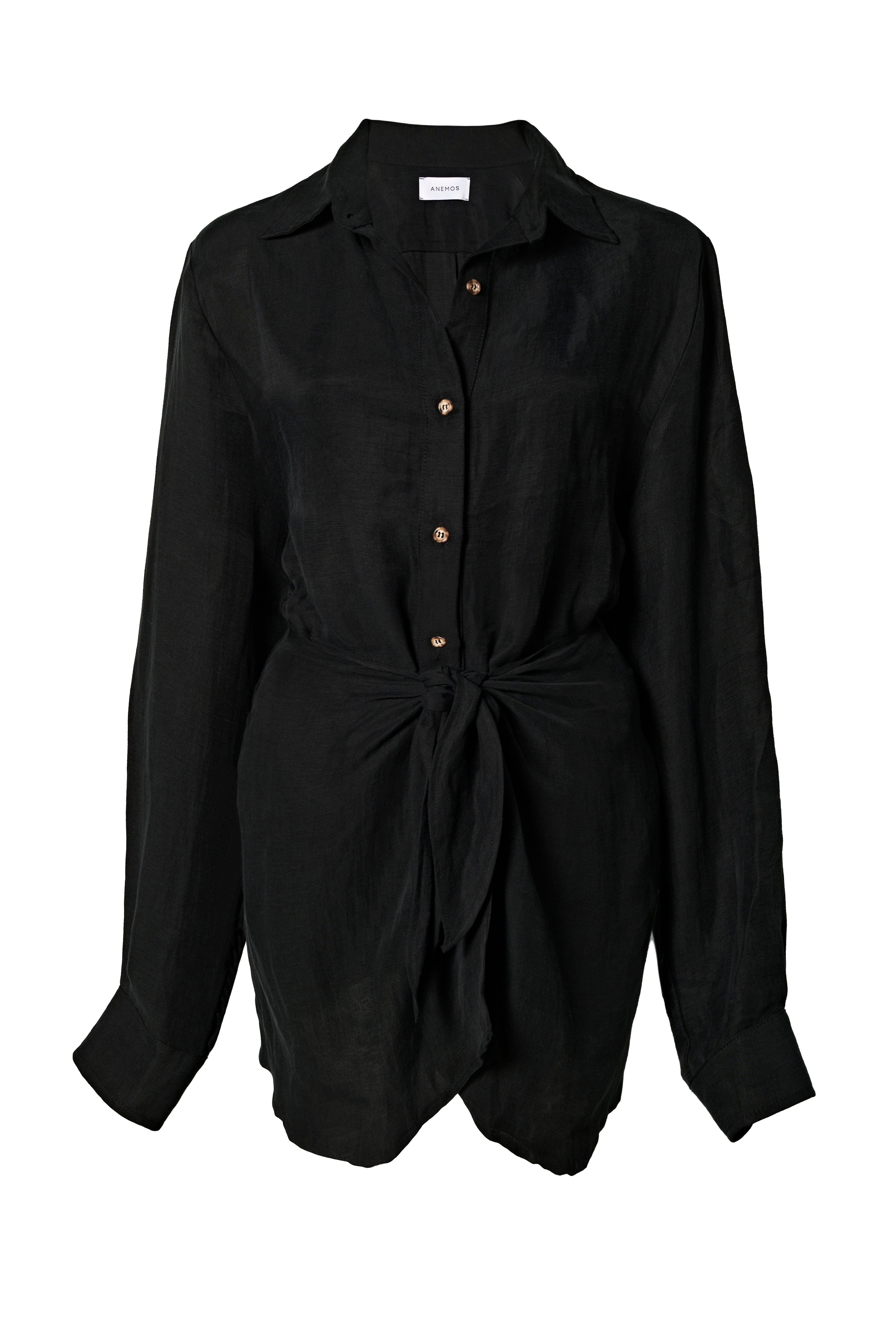L.A. Button-Down Wrap Mini Dress in Cupro Linen Blend Black on White Background
