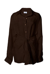 L.A. Button-Down Wrap Mini Dress in Cupro Linen Blend Espresso on White Background