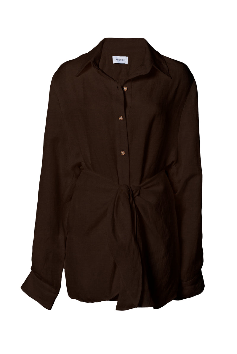 L.A. Button-Down Wrap Mini Dress in Cupro Linen Blend Espresso on White Background