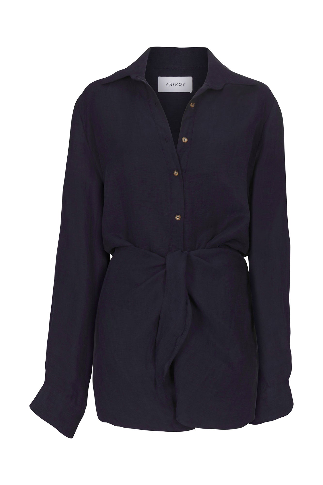 L.A. Button-Down Wrap Mini Dress in Cupro Linen Blend Navy on White Background