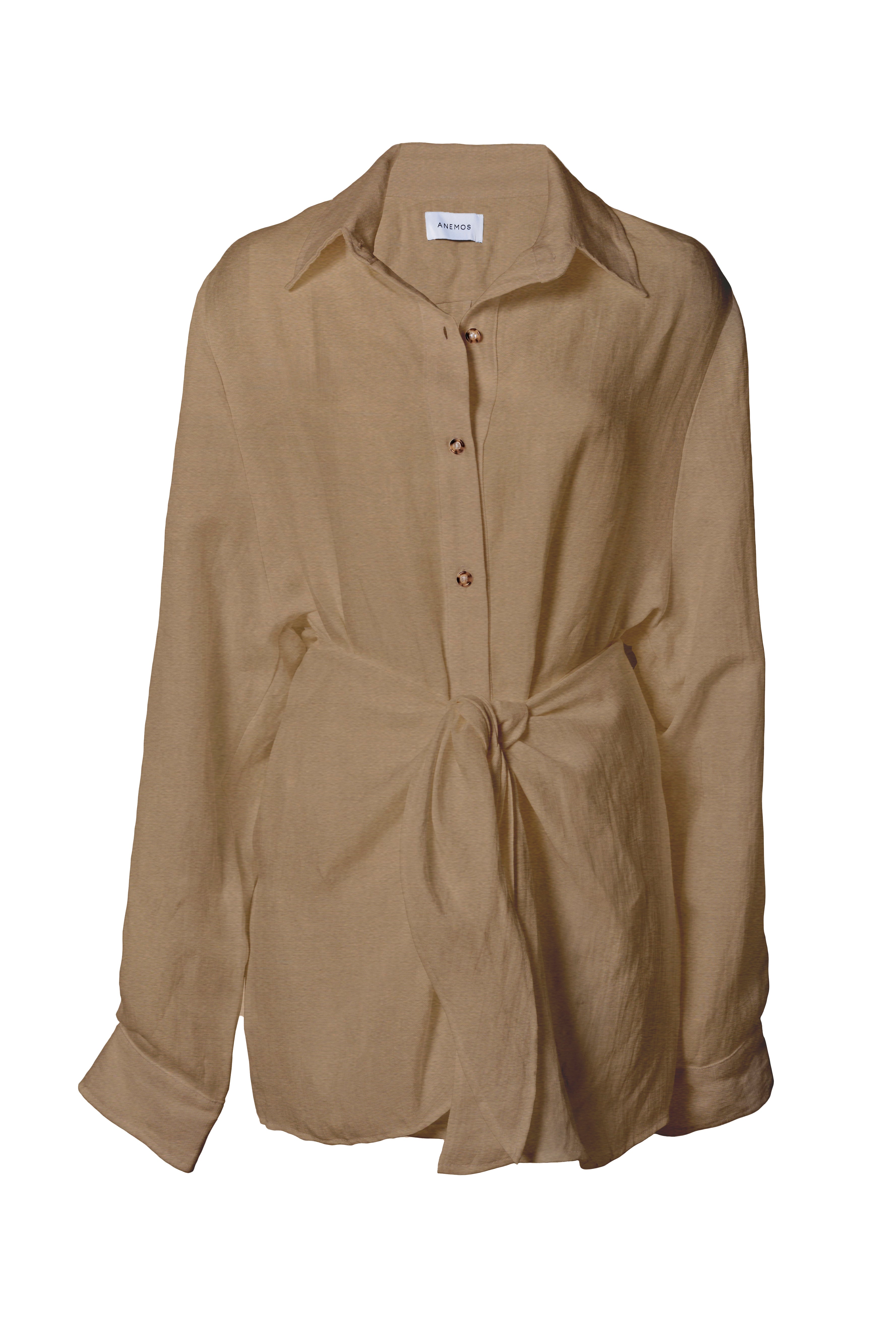 L.A. Button-Down Wrap Mini Dress in Cupro Linen Blend Sandstone on White Background