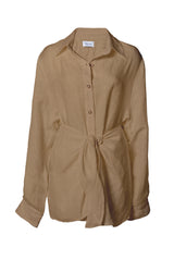 L.A. Button-Down Wrap Mini Dress in Cupro Linen Blend Sandstone on White Background