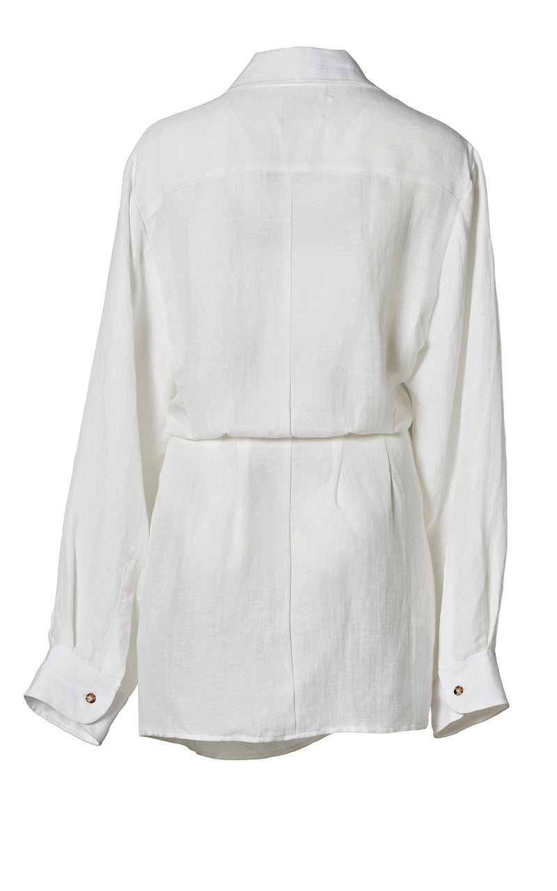 L.A. Button-Down Wrap Mini Dress in Cupro Linen Blend White on White Background