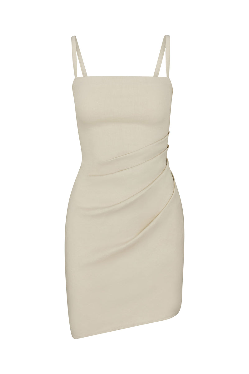 Nadege Draped Mini Dress Natural in Stretch Linen on white background