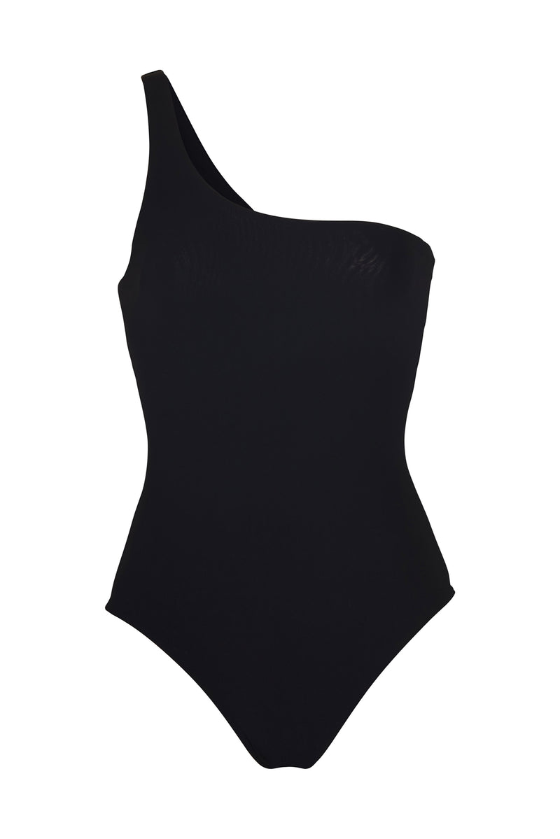 One-Shoulder One-Piece Black on White Background