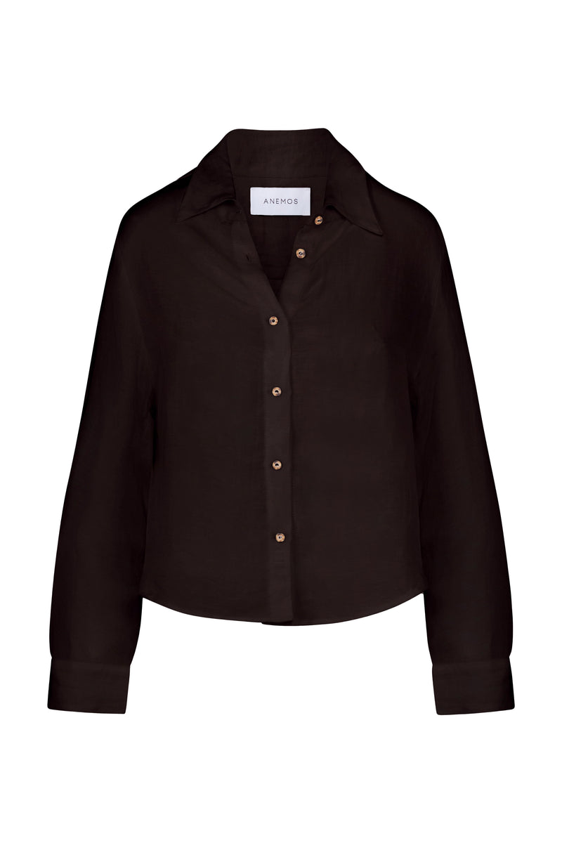 Phillips Long Sleeve Button-Down Shirt in Linen Cupro Espresso on White Background