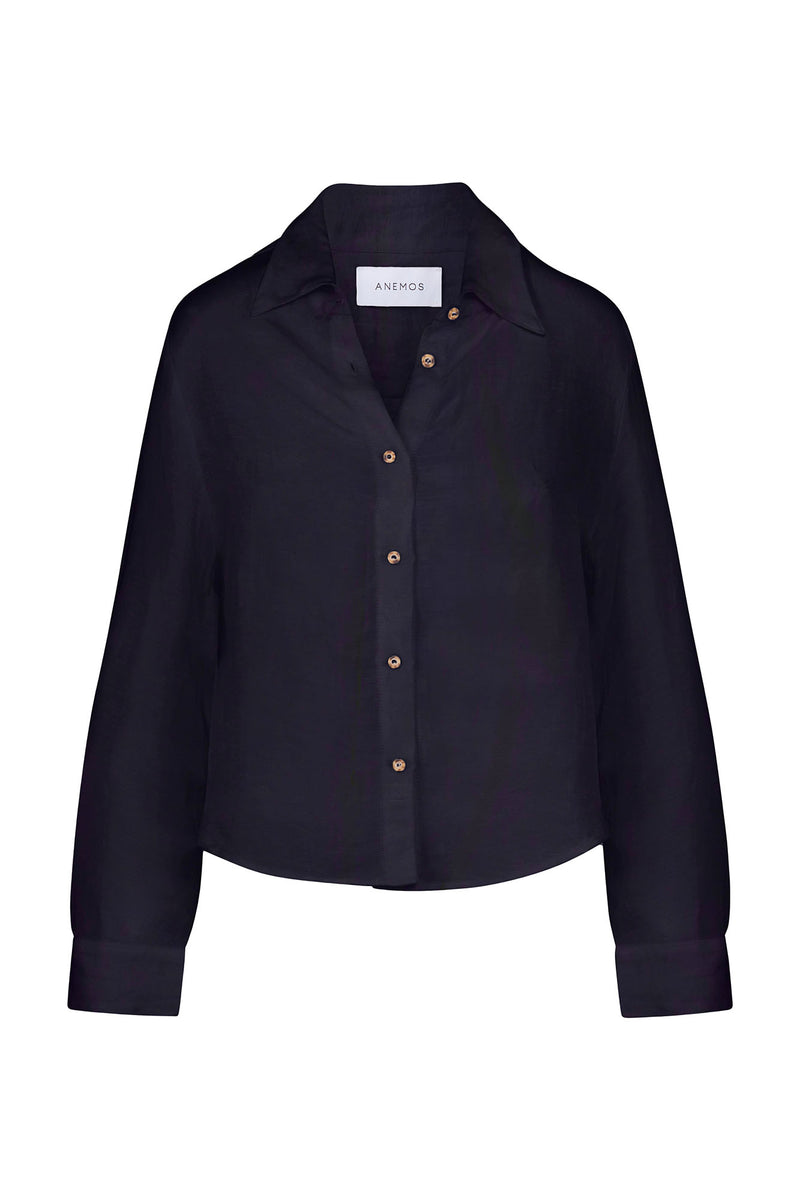 Phillips Long Sleeve Button-Down Shirt in Linen Cupro Navy on White Background