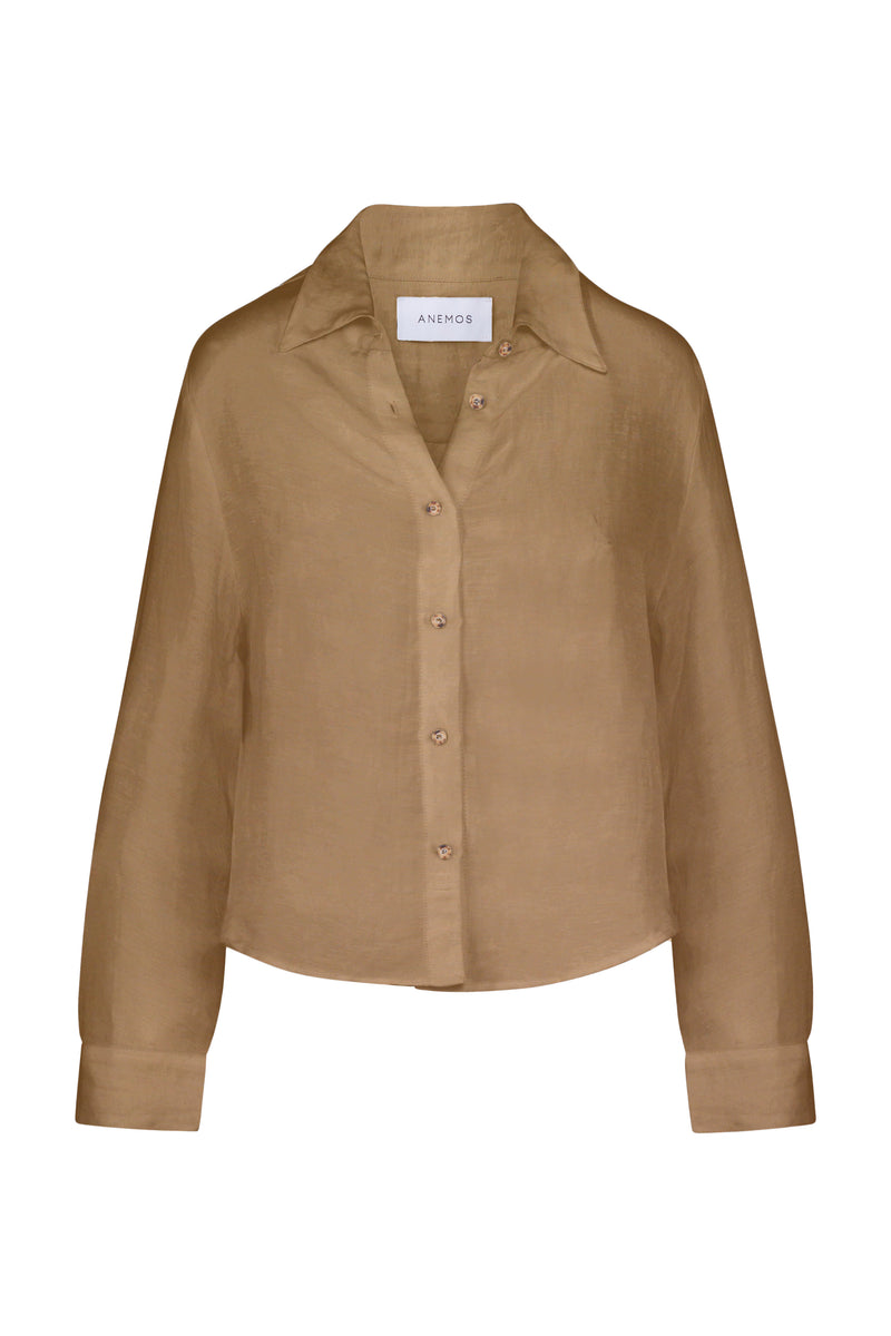 Phillips Long Sleeve Button-Down Shirt in Linen Cupro Sandstone on White Background