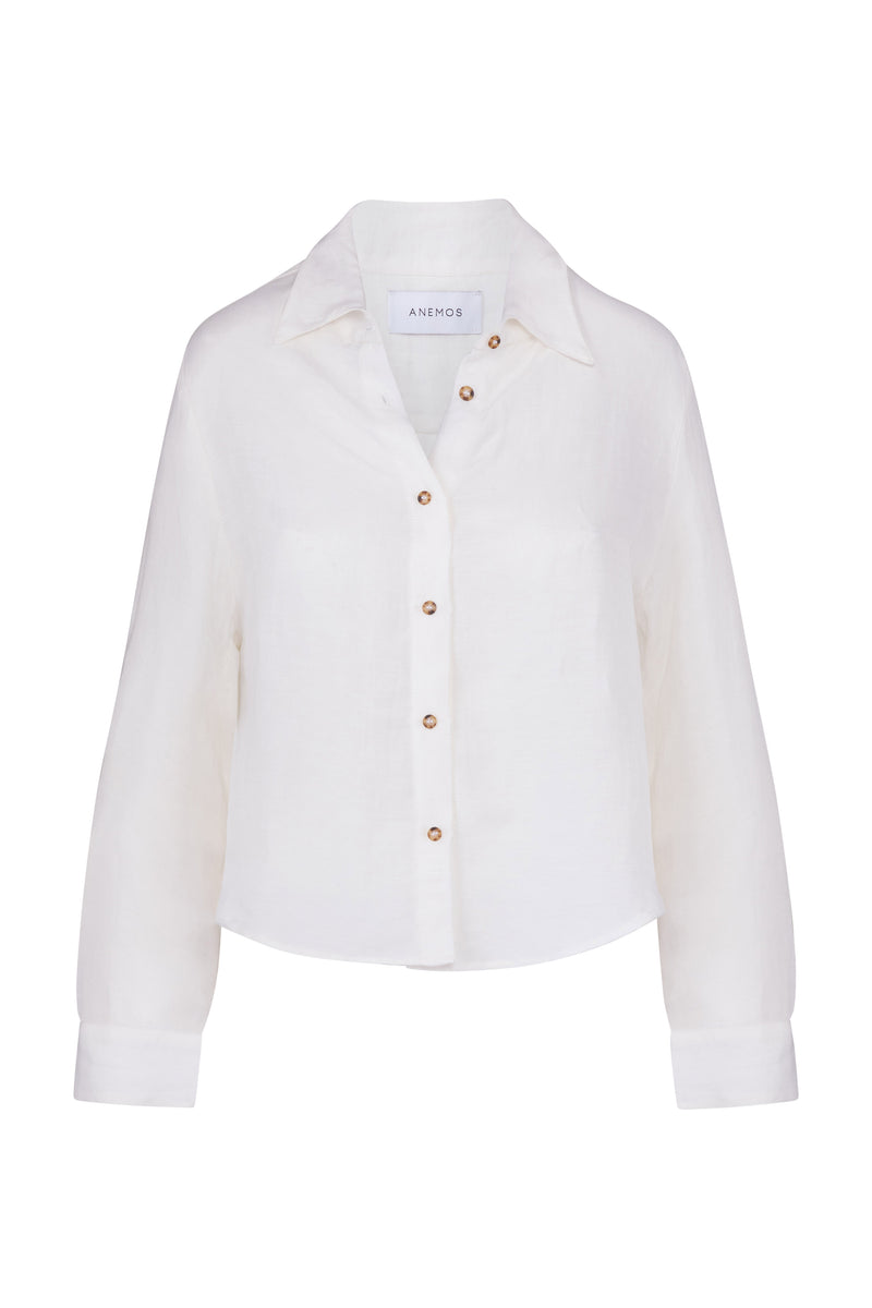 Phillips Long Sleeve Button-Down Shirt in Linen Cupro White on White Background
