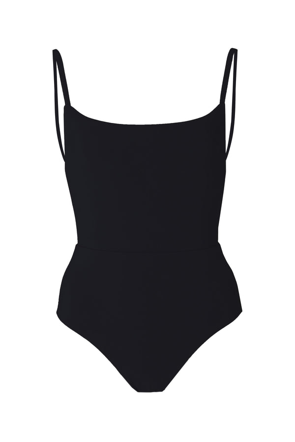 Square Neck Open Back One-Piece Black on White Background