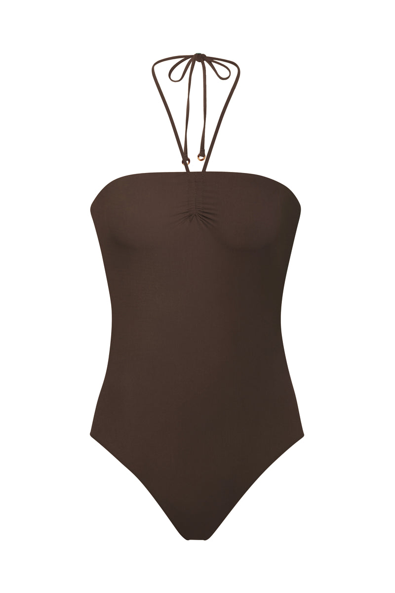 Sweetheart Halter One-Piece Espresso on White Background